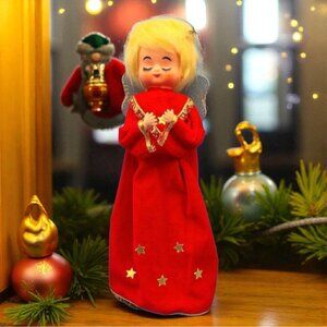 Vintage 1960s Japan Angel Tree Topper Red Velvet Gold Trim Stars Christmas Decor